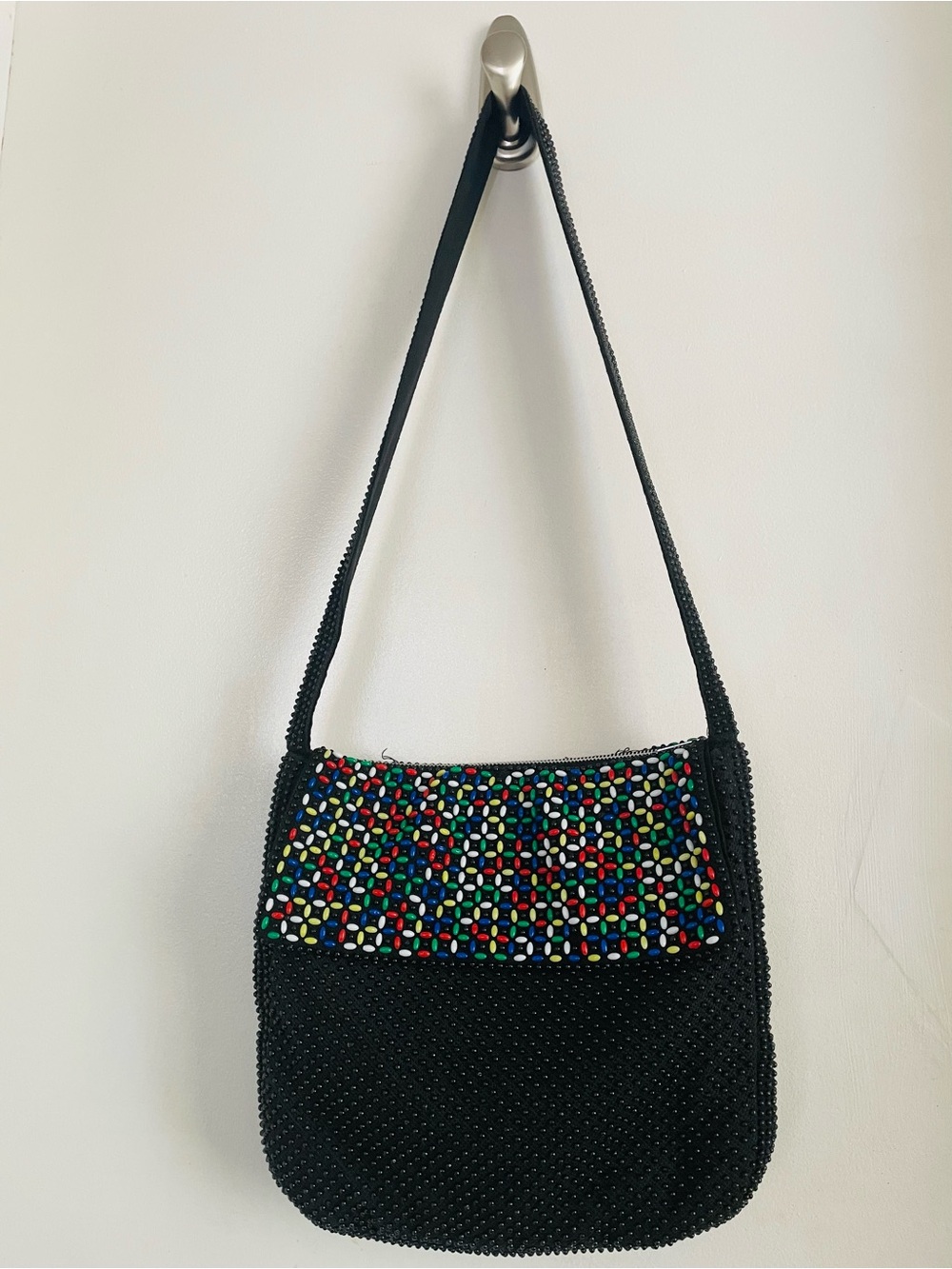 Vintage Black Shoulder Bag with Multicolor Beaded Panel